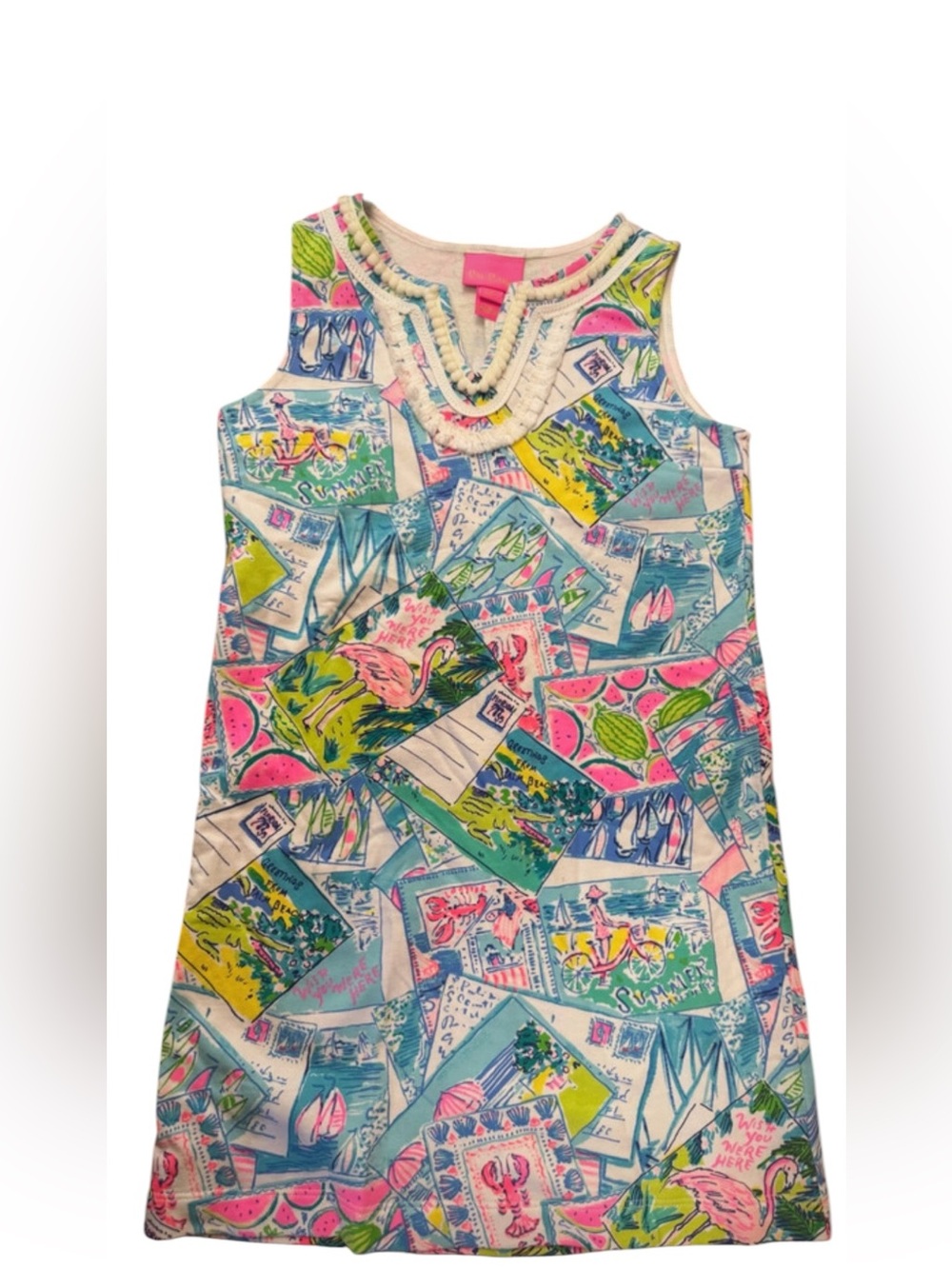 Lilly Pulitzer Mini Harper Shift Dress in Multi Pop Wish You Were Here sz 6-7